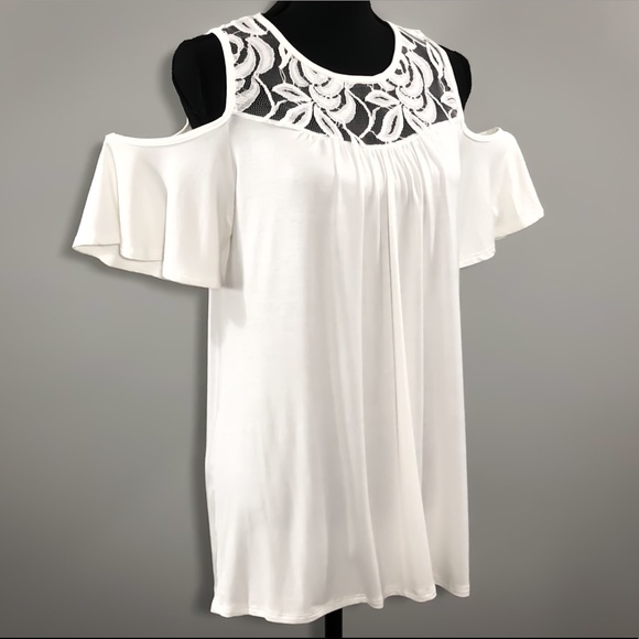 First Look Tops - New White Cold-Shoulder Lace Tunic